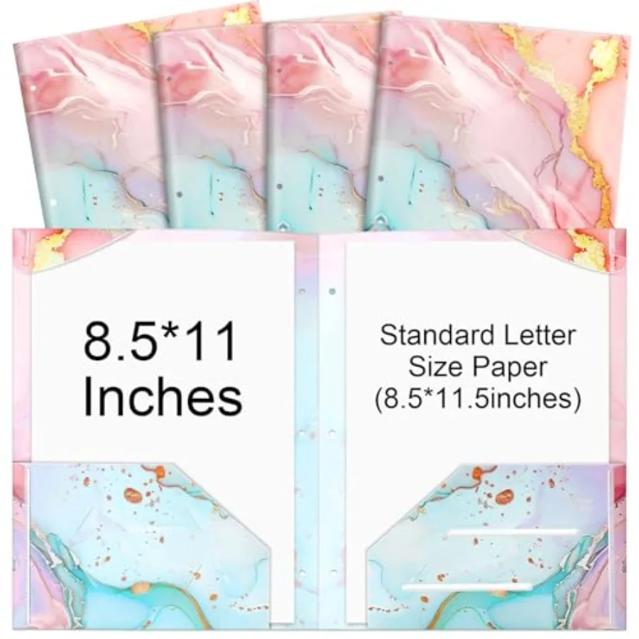 

4 Pack Plastic File Folders with Two Pots Decorative Cute Marble Designs Heavy Two Pot File Folders Fits 3 Ring Binders for Sch