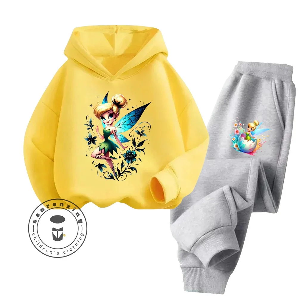 2024 New Disney Cartoon Tinker Bell Kawaii Cute Wear High Quality Breathable Hoodie + Pants Fall Winter Children\'s Tracksuit