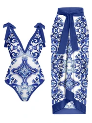 Vintage Blue Printed V-Neck Sexy Slim Gathering Bikini Set Elegant Bow Strap Swimsuit Backless High Waist One-Piece Beachwear