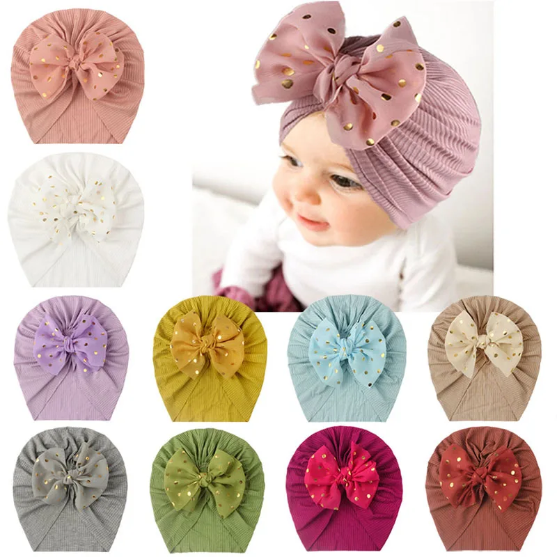 Lovely Shiny Dot Bowknot Baby Hat Cute Solid Color Baby Girls Turban Hat Soft Newborn Infant Cap Beanie Headwrap