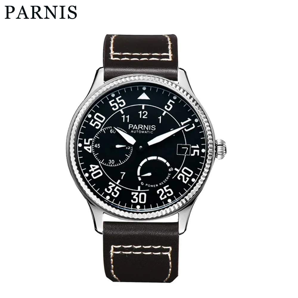 

Parnis 45mm Black Dial Automatic Mechanical Men Watch Brown Leather Strap Power Reserve Men's Sports Watches