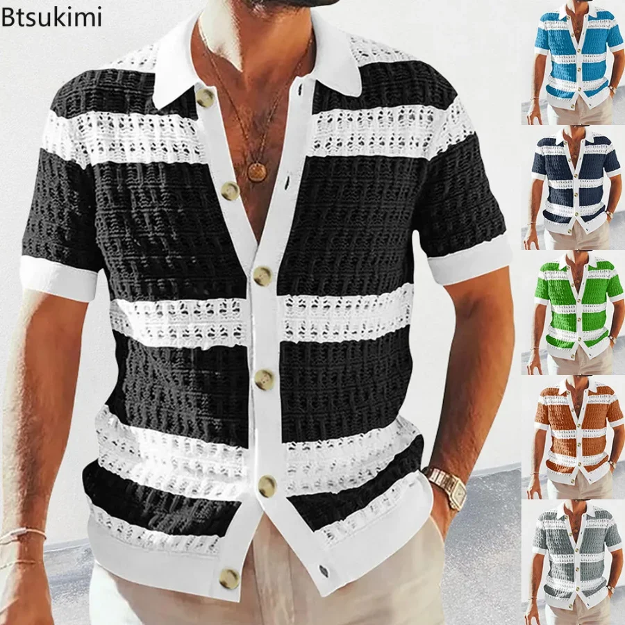 

2024 Spring Summer Casual Mens Knitted Shirts Loose Short Sleeve Buttoned Lapel Knit Cardigans Men Clothes Vintage Striped Shirt