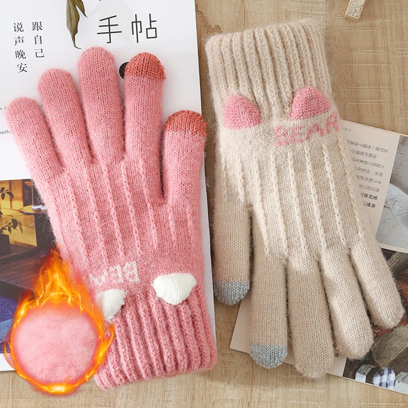 

Women's Winter Plush Knitted Gloves Touch Screen Gloves Girls Winter Warm Outdoor Cycling Riding Cashmere Full Finger Gloves