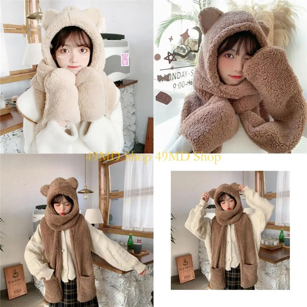 

49MD Winter Warm Women Hoodie Gloves Pocket Earflap Hat Fleece Long Scarf Shawl Wraps