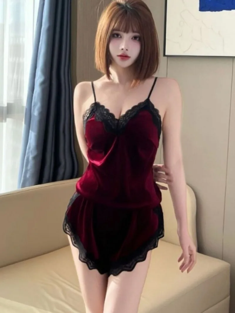 Burgundy Velvet Sling Nightdress Set With Black Lace Trim Strap Dress For Women Soft Sleepwear Seductive V Neck Dress Charm 9NSP