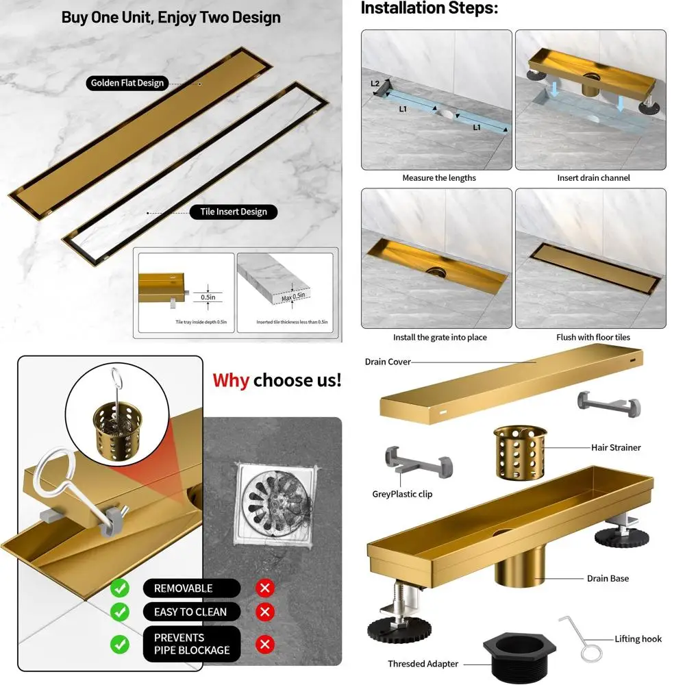 

24-Inch Gold Linear Shower Drain with 304 Stainless Steel, Adjustable Feet, Hair Strainer, and Invisible Floor Design