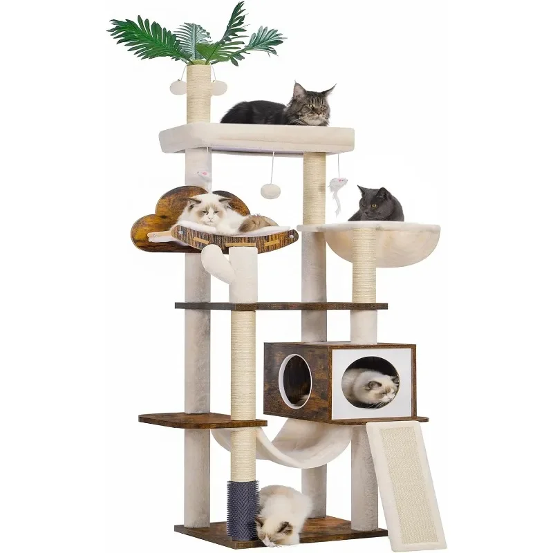 Hebly Wood Cat Tree for Indoor Cats, Cat Condo for Large Cats with Self Groomer,Modern Cat Scratching Tower with Basket