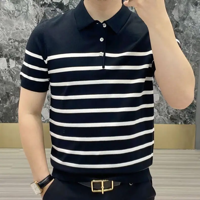 Polo ajustado a rayas para hombre, ropa coreana, ropa de calle de punto, Tops versátiles de manga corta a la moda, Verano