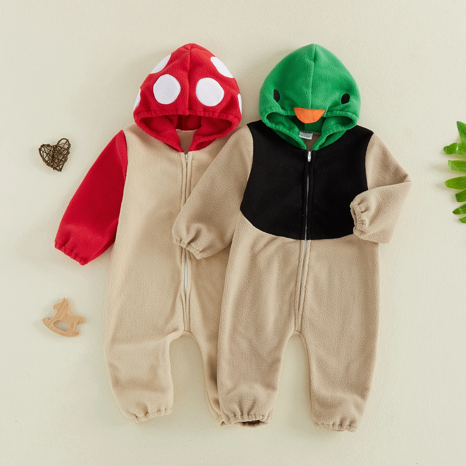 Baby Boy Halloween Romper Fleece Cute Zip Up Long Sleeve Hooded Duck/Mushroom Jumpsuits Costume