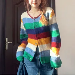 Women's Round Neck Color Sweater Spring Autumn Retro Loose All-match Striped Long Sleeved Knitted Single-breasted Cardigan Tops