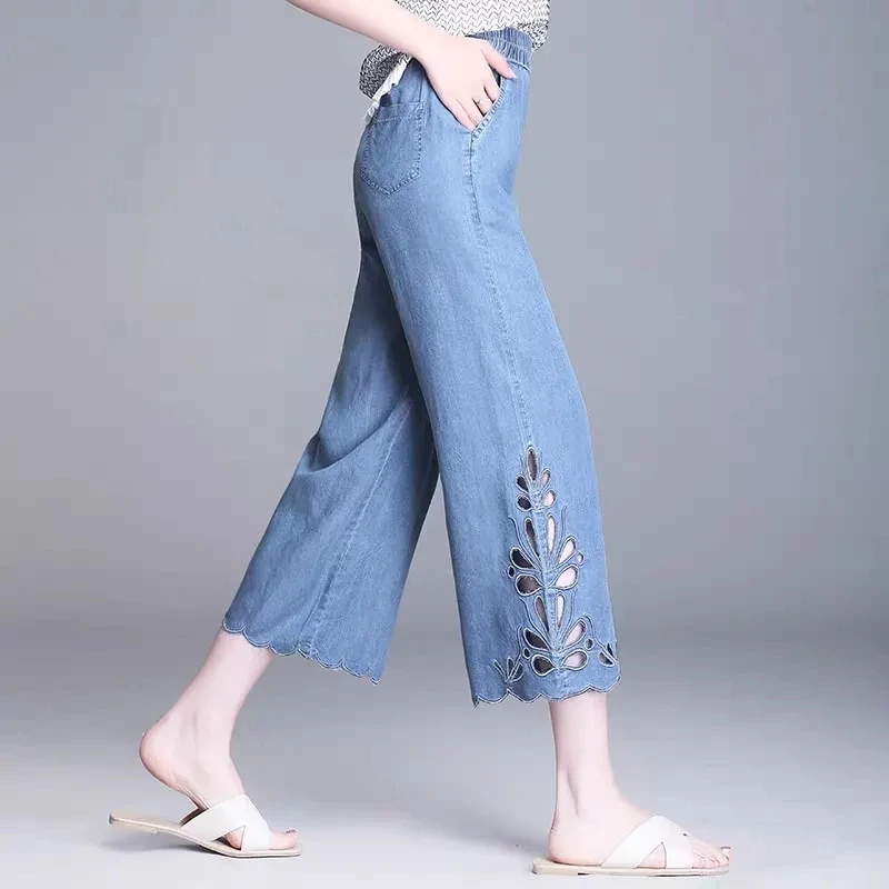 Women Summer PantShort  Ice Silk Thin Embroidery Jeans For Female's Pant Elastic Waist Light Thin Slightly Flared Wide Leg Pants