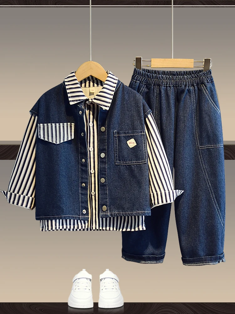 

Весенний модный джинсовый комплект для мальчиков, полосатый жилет и жилет, футболки, Новое поступление, повседневная смесь хлопка и полиэстера для детей