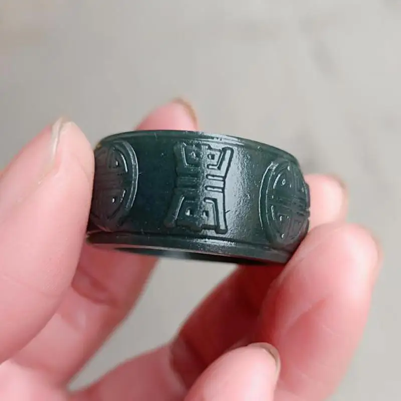 Natural Nephrite Green Jade Thumb Ring Men Women Fine Jewelry Genuine Chinese Hetian Jades Hand Carved Jade Wide Band Rings