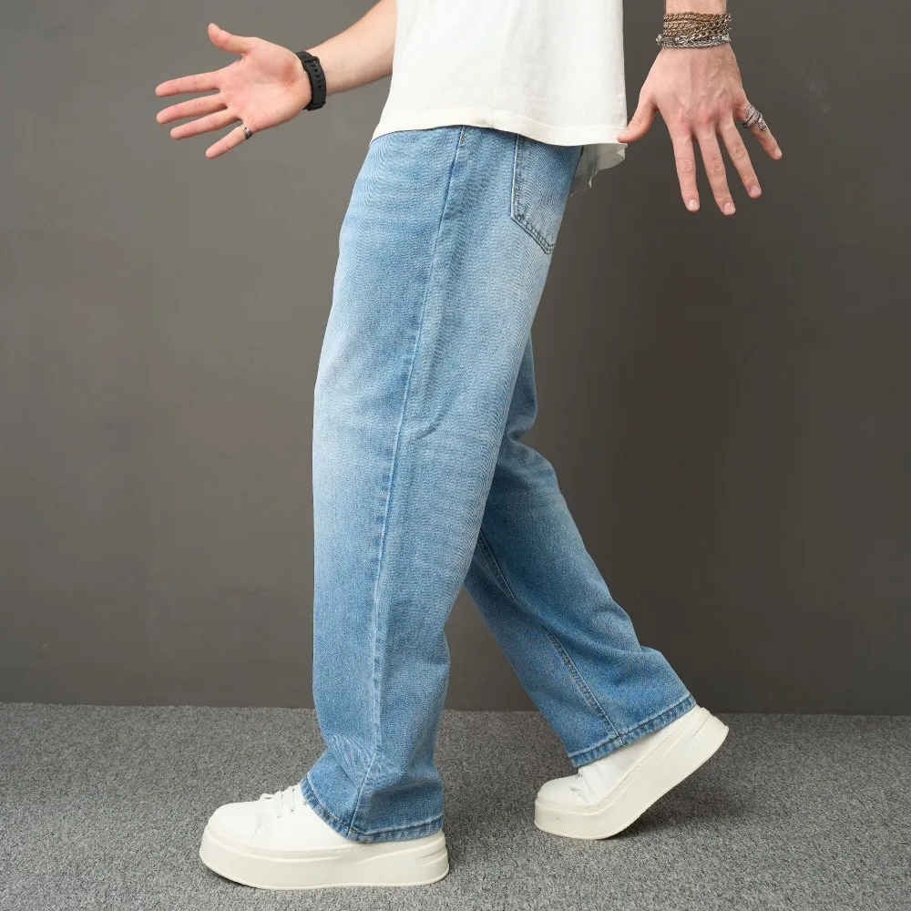 Denim Pants Men Jeans Long Pant Zipper Splice Simple Pockets Casual Print Regular Autumn Winter High Waist Straight Trousers