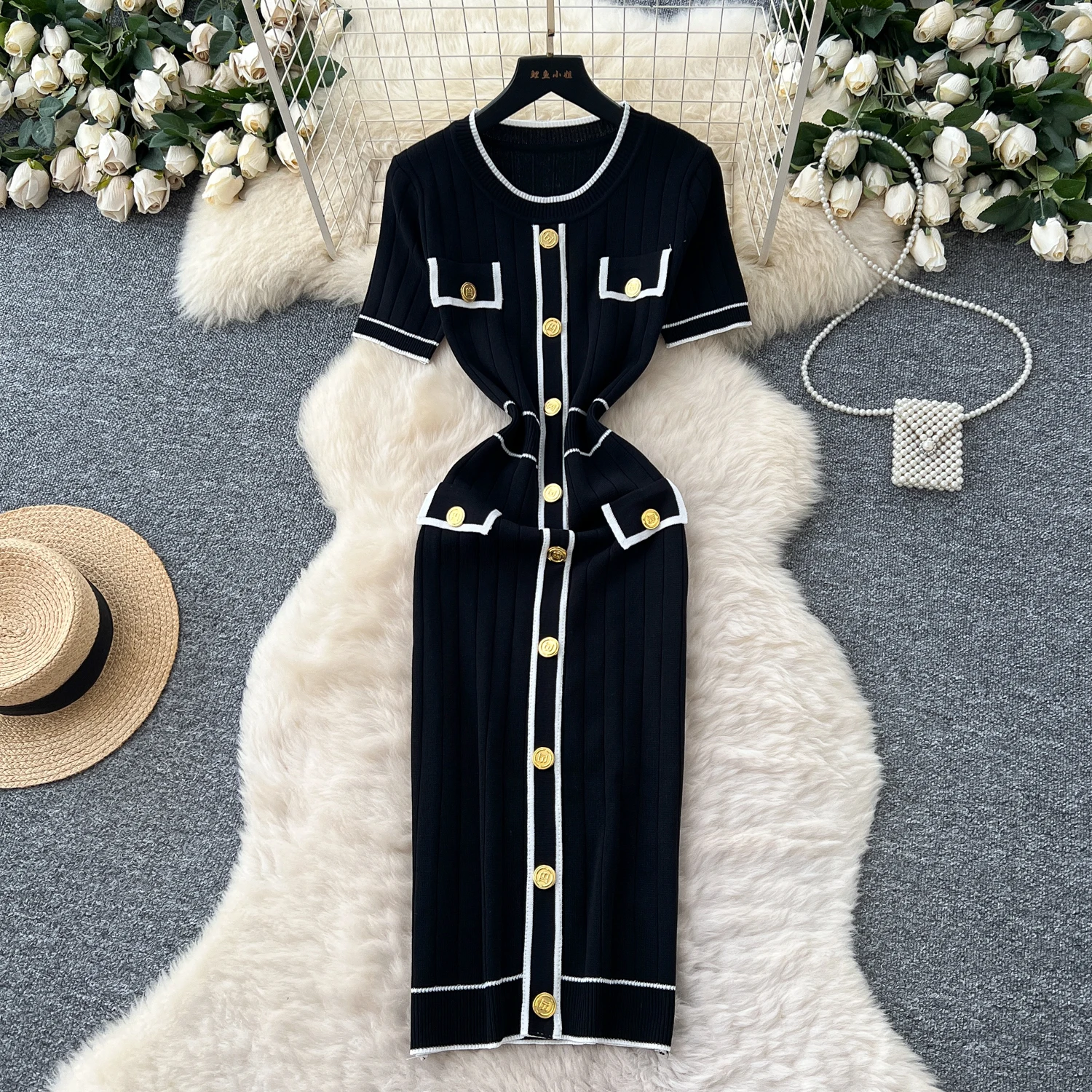 Chique vintage gebreide O-hals korte mouw geplooide elegante fee Koreaanse mode Boho zonnejurk dameskledingjurk