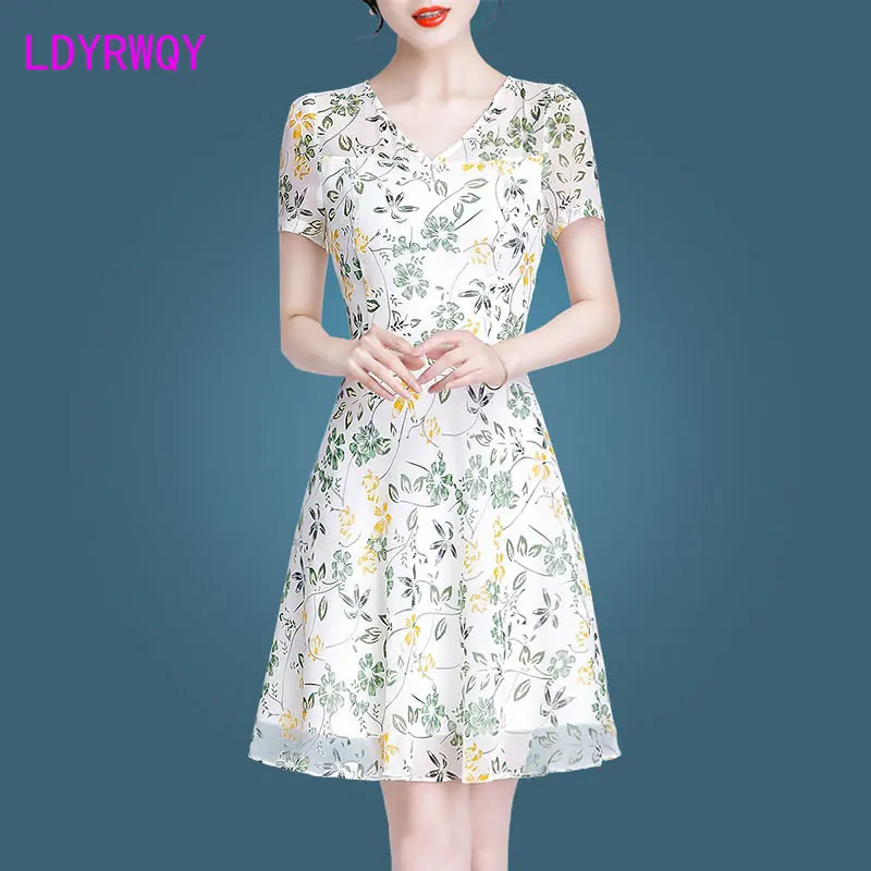 

Fashion Summer 2023 New Fragmented Flower Dress Women's Temperament Short Sleeve Spring Chiffon Skirt