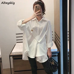 Button Striped Women Shirt Loose Irregular Fashion Simple Office Lady Spring Retro All-match Korean Style Commuting OL Tops