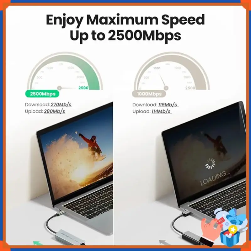 

Компактный сетевой USB-адаптер 2500 Мбит/с Ethernet-адаптер 2,5 Гбит/с Gigabit Lan USB C к сетевой карте RJ45 для ноутбука Windows