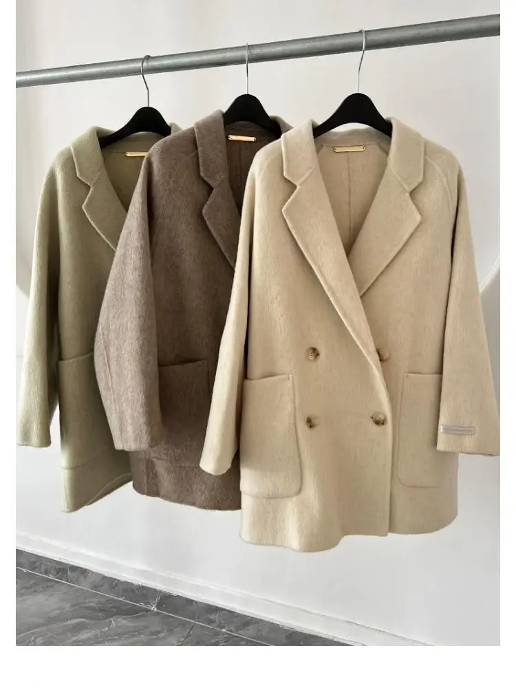 Office Lady Short Woolen Jackets 2024 Autumn And Winter Suit Collar Double Breasted Loose Women 100% Wool Coats