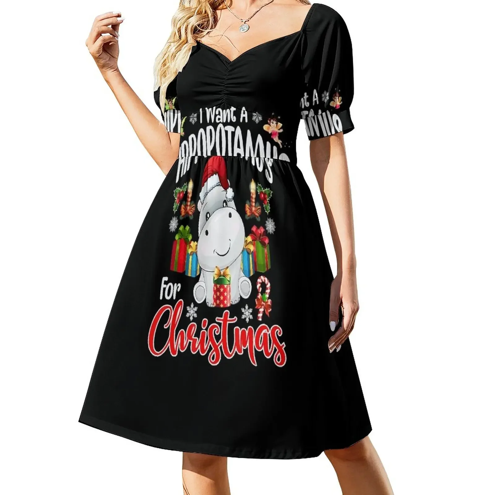 Ich möchte ein Nilpferd für Weihnachten Weihnachten Nilpferd für Kinder Mädchen T-Shirt Kurzarmkleid Damenkleid Sommer Damenkleid 2025