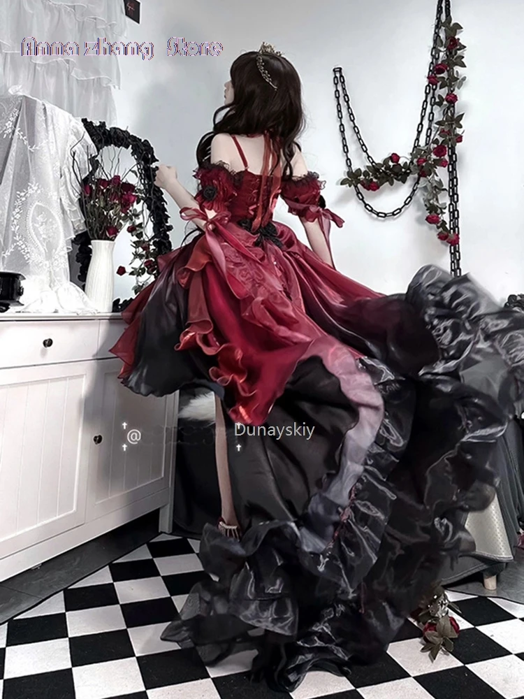 Dark Bride Red Flower Wedding Dress Cos Lolita Dress Op Dress Lolita Heavy Industry Trail Puffy Princess Dress, Lolita Cosplay