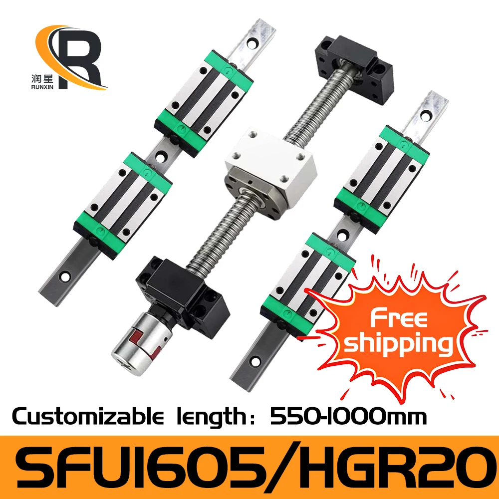 RXTNC 2pc HGR20 Linear Guide+4pc HGH20CA HGW20CC block+SFU1605 ball screw with End Machine BK/BF12 L550-1000mm for CNC Engraving