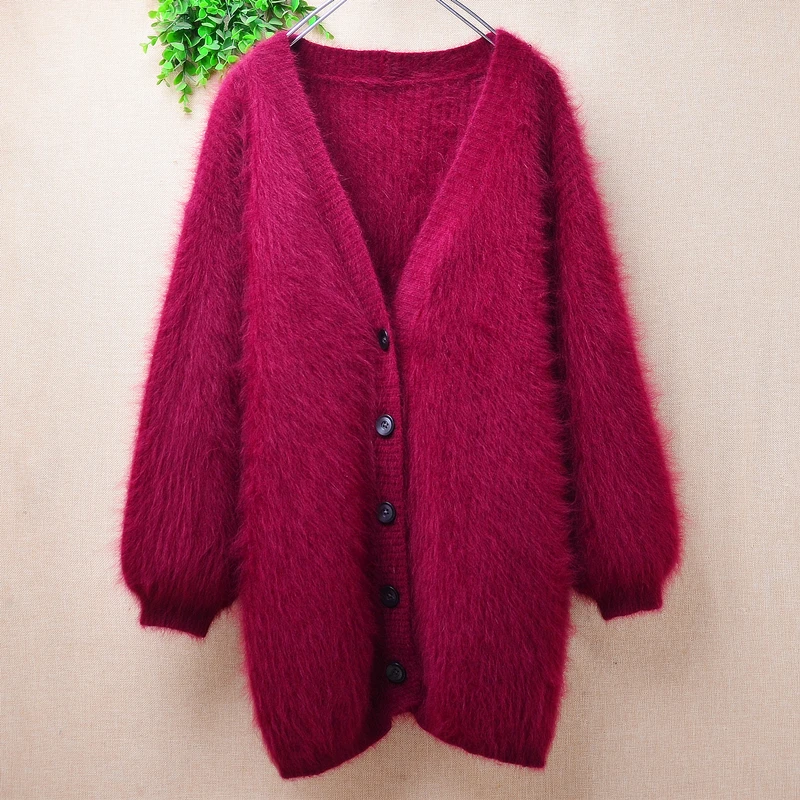 

Ladies Women Fall Winter Clothing Hairy Angora Rabbit Hair Knitted V-Neck Long Sleeves Loose Cardigans Angora Fur Sweater Jacket