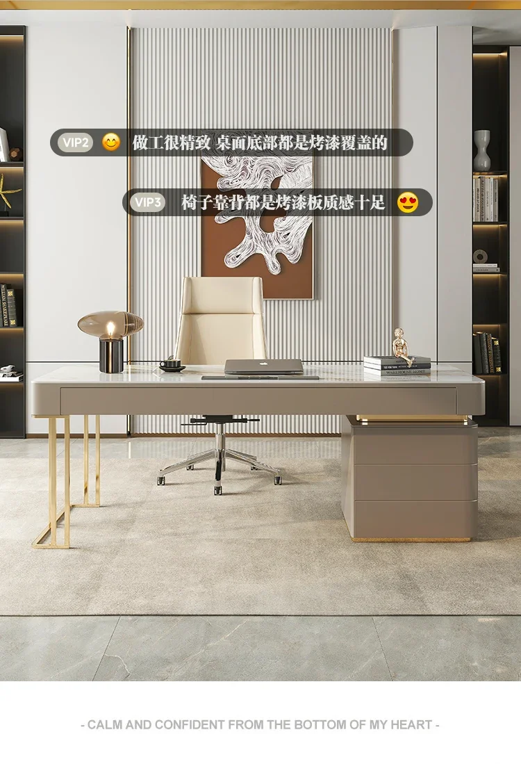 Rock board desk, light luxury, modern minimalist office desk, home computer desk, chair combination, study, capital letter desk