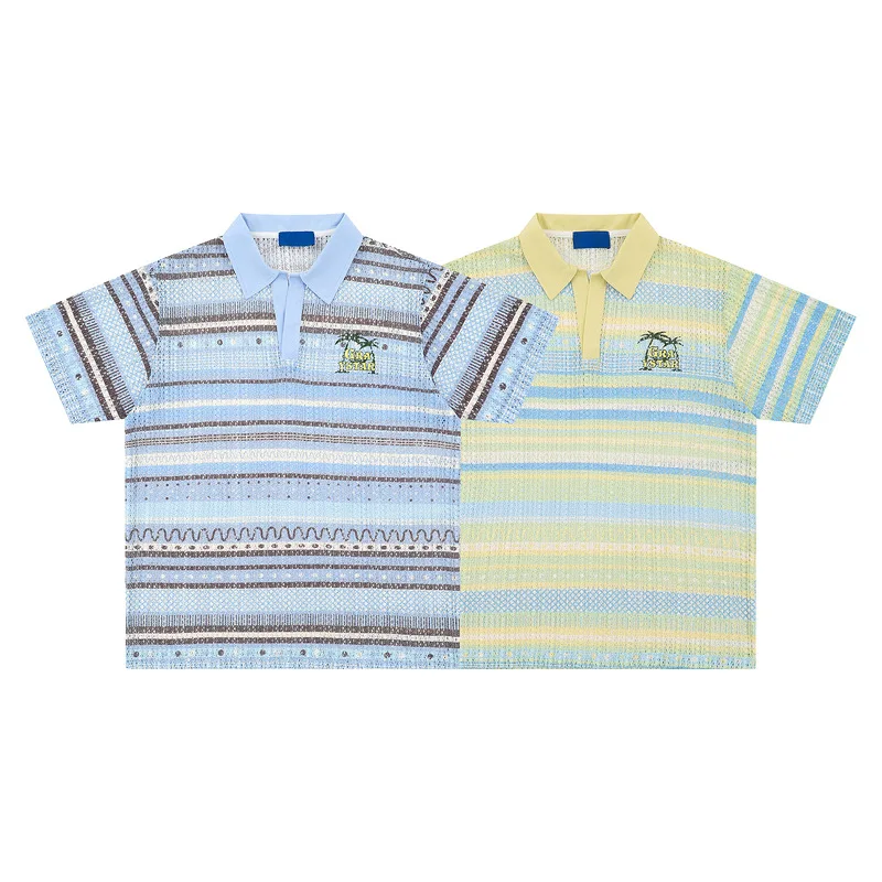 American Retro Gradient Striped Hollow POLO Shirt Short Sleeved T-shirt for Men and Couples Loose