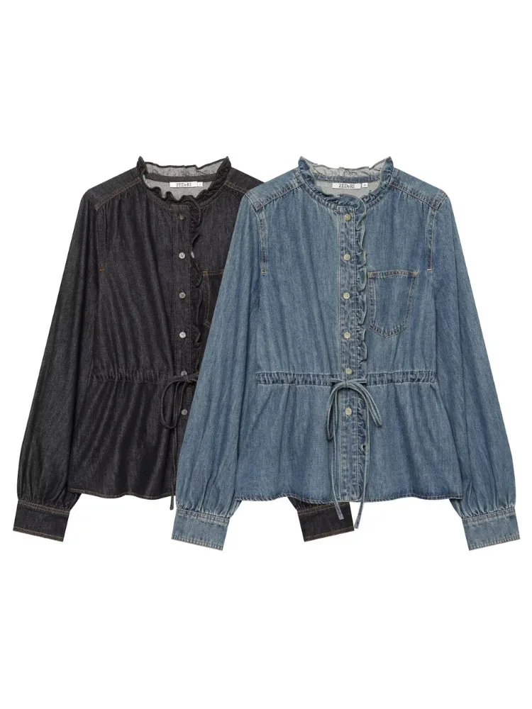HH Women Spring Autumn Chic Denim Shirt Ruffled Stand Collar Drawstring Waist Long Puff Sleeve For Brunch Street Daily Wear