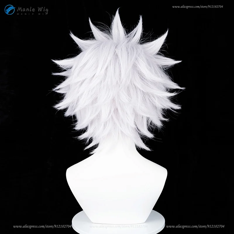 Anime Killua Zoldyck Cosplay Perruque, Cheveux Synthétiques, Court, Argent, Blanc, Bonnet, Degré de Chaleur, ix, 30cm