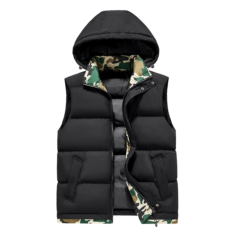 2024 Hooded cotton vest youth men's hat camouflage casual trend all thick and fleece cross border hooded windproof vest