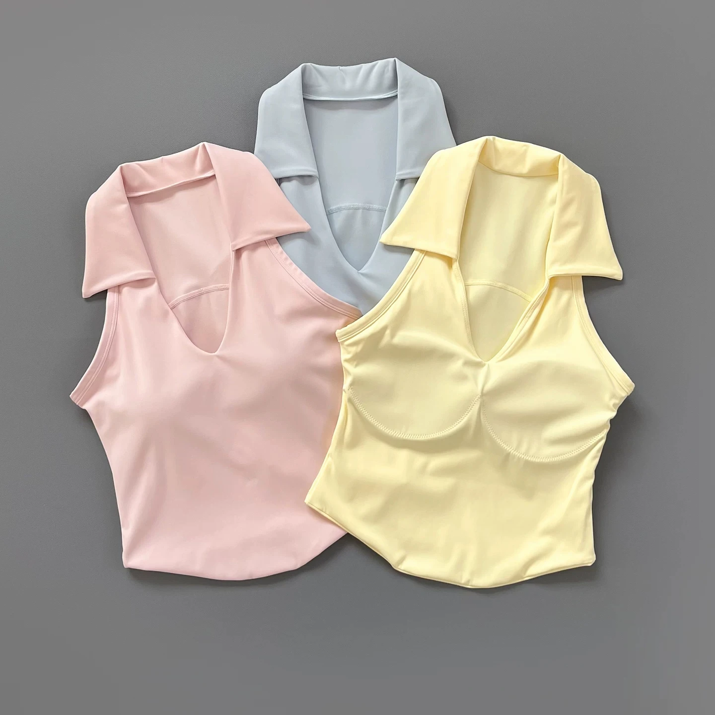 Women Lapel V Neck Sleeveless Yoga Tank Top Built-in Pads Slim Fit Workout Vest Gym Running Fitness Camisole