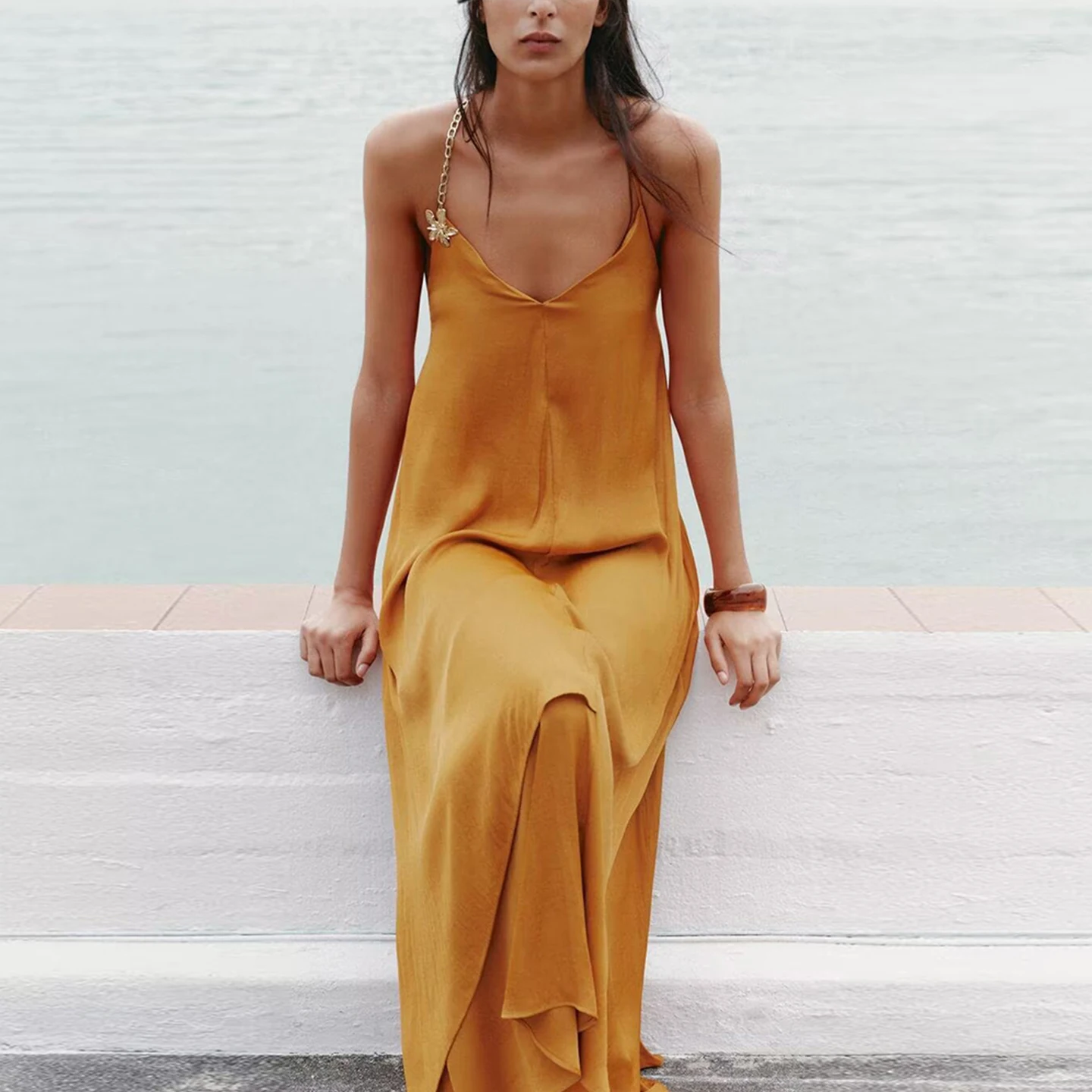 Zomer 2022 Nieuwe Dames Casual Sle Midi Dr Zijde Satijn Textuur Jurk Polyester Ademend Huidvriendelijk Dagelijks gebruik