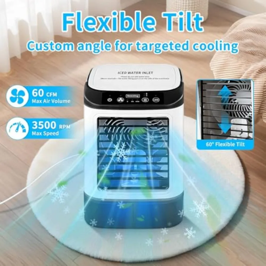 4-in-1 Mini Air Conditioner for bedroom office room car, evaporative cooler with 900ML tank ice cube mold, white plastic, ultra view 5