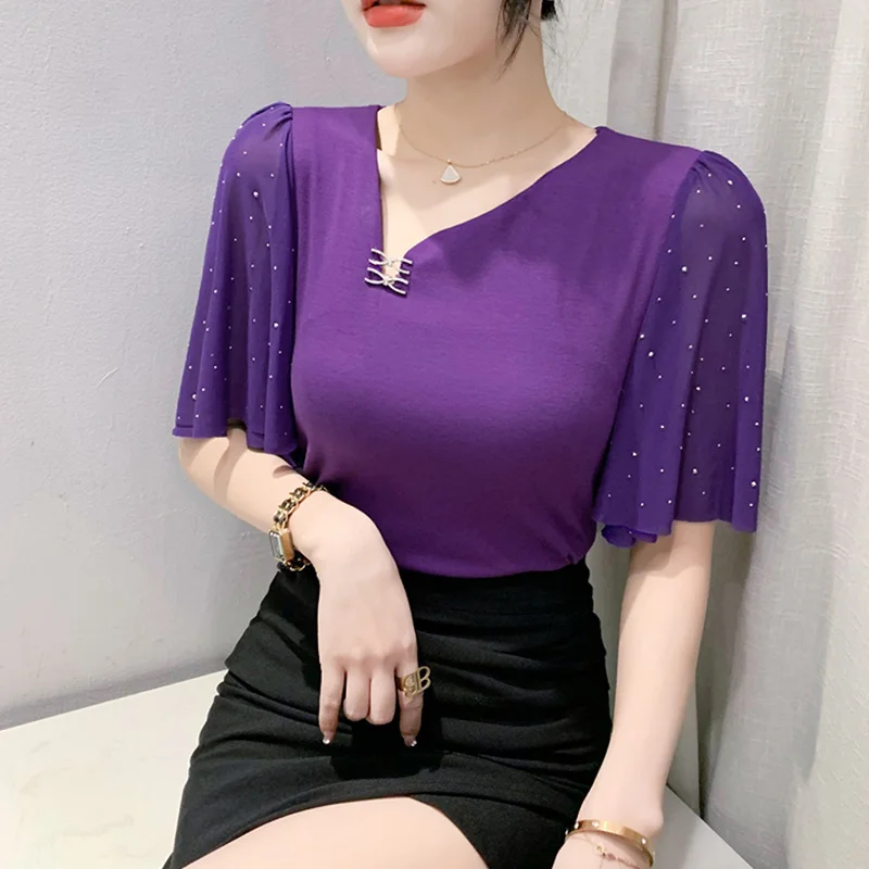 #5579 Black Yellow Purple Mesh T Shirt Women V-neck Irregular T-shirt Half Sleeve Diamonds Sexy Office Short Tshirt Thin Elastic