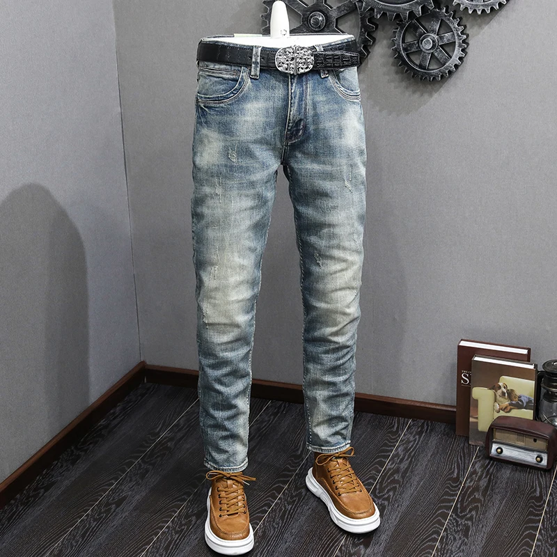 Fashion Designer Men Jeans High Quality Retro Washed Blue Stretch Slim Fit Ripped Jeans Men Patched Vintage Denim Pants Hombre