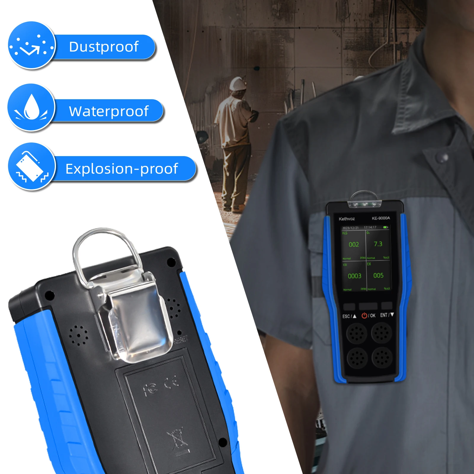 Détecteur de gaz professionnel 4-en-1 O2 H2S CO LEL, moniteur multi-gaz avec écran couleur de 2,8 pouces et 3000 enregi…