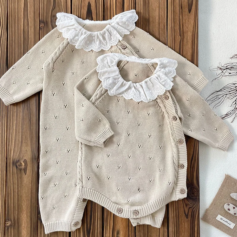 

2024 New Autumn Children Knitted Clothes Long Sleeved Solid Color Knitted Lace Splicing Bodysuits Korean Style Climbing Suit