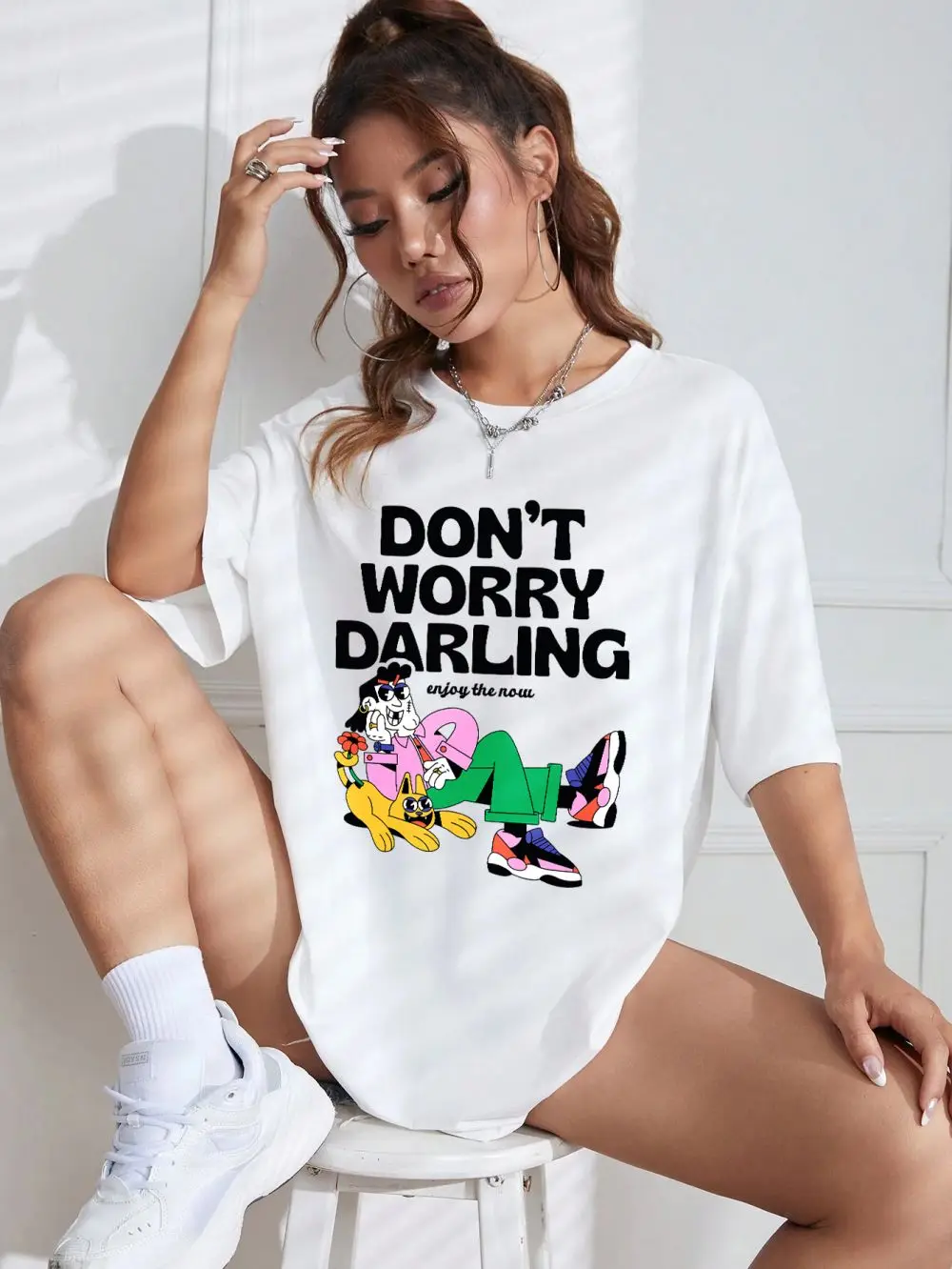 Don't Worry Darling Enjoy The Now Print Women T Shirt Street Fashion Short Sleeve Summer Loose O-Neck Tops Casual Soft Clothes