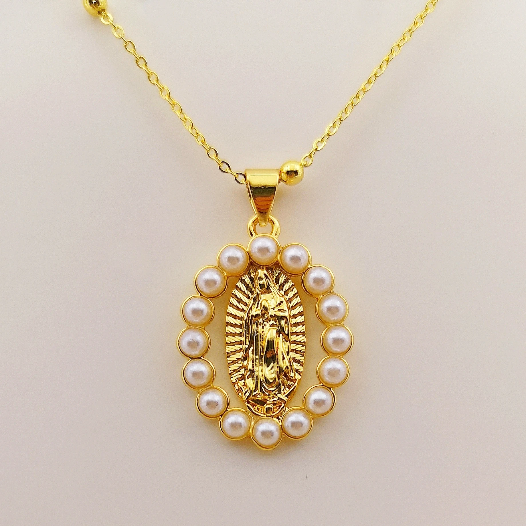 Gold Plated Our Lady of Guadalupe Pearls Edges Hollow Charms for DIY Jewelry Making Oval Pendant Catholic Jewelry Gifts