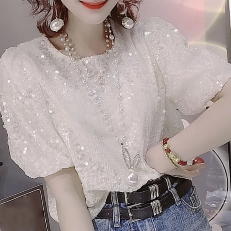 

High Grade O Neck Solid Color Puff Sleeve Shirts Shiny Patchwork Age Reducing Blouses 2023 Summer New Loose Casual Blusas Mujer