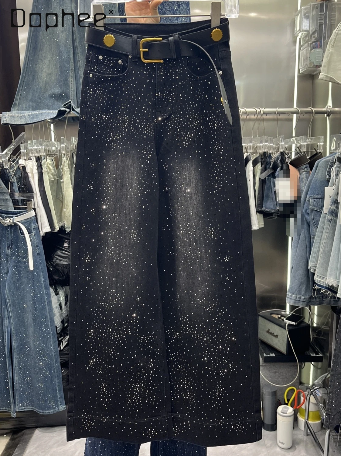 

Осенние новые сверхпрочные блестящие джинсы со стразами для женщин, свободные узкие широкие брюки с высокой талией, уличная мода, мешковатые джинсы в стиле ретро