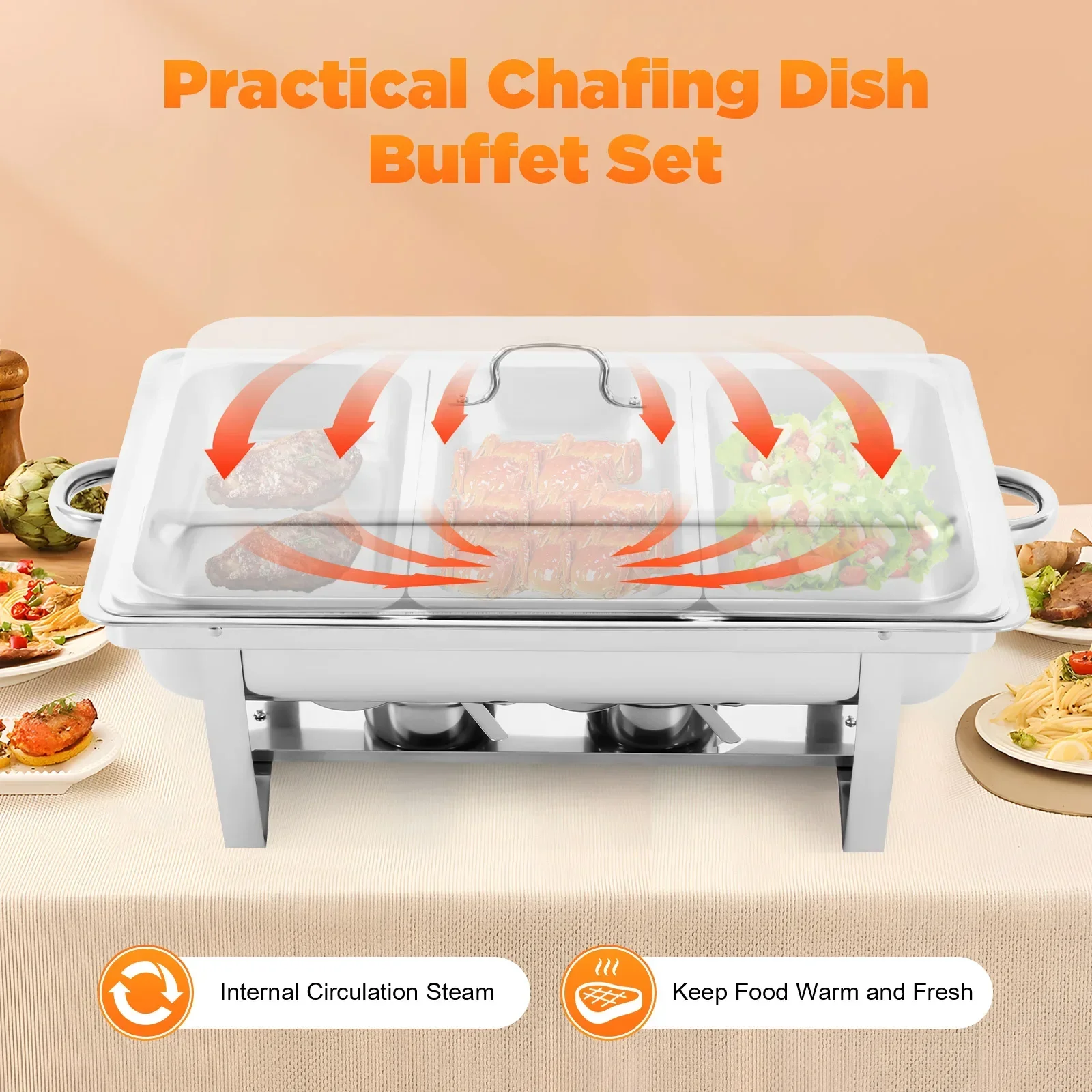 

2.5L/0.66Gal 3 Chafing Dish Buffet Set Stainless Steel Three Buffet Server Food Warme Rectangular Warming Trays Food Warmer
