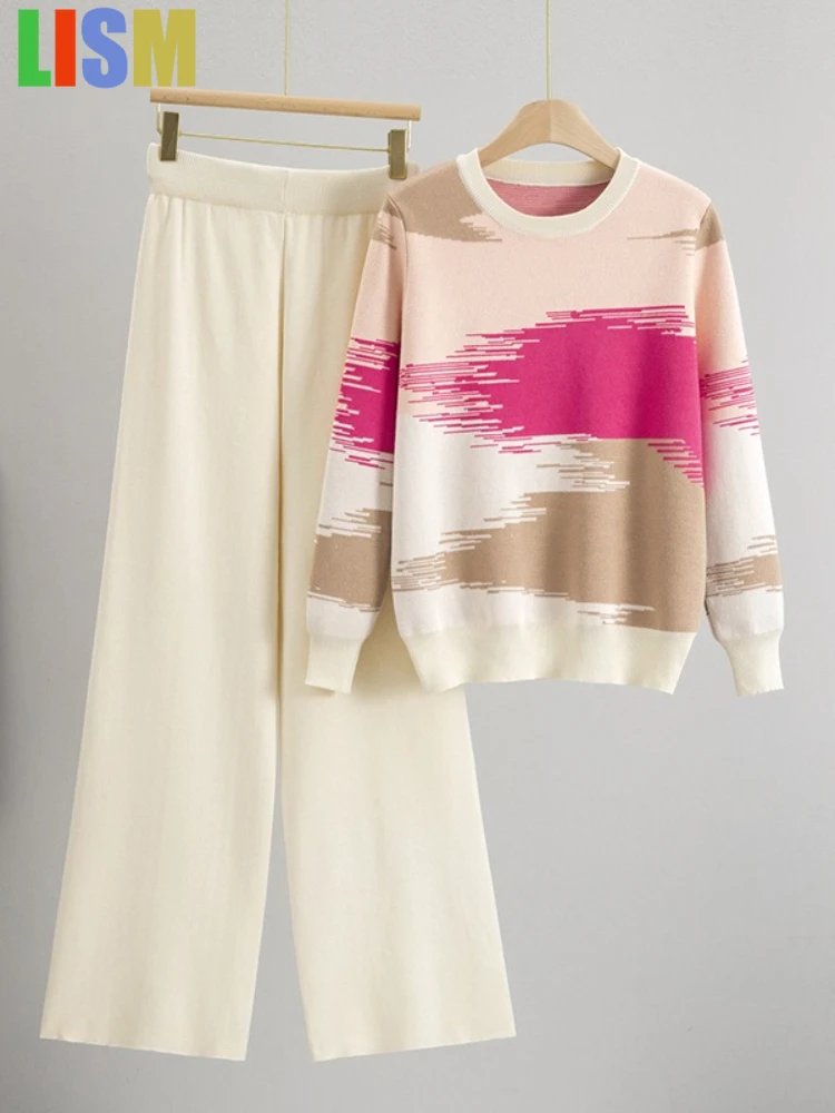 

LISM Knitted 2 pieces set for woman New in matching sets O-neck long sleeved top+wide leg long pants sportswear women casual
