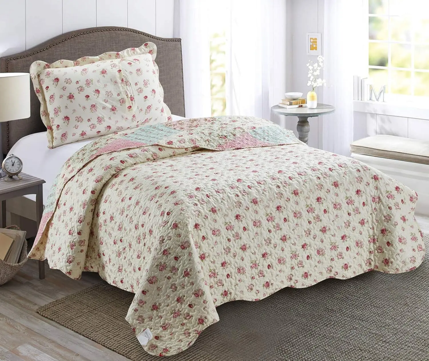 Brilliant Sunshine Roses Quilt Set, 2-Piece Bedding Sets With 1 Sham, Patchwork Design, Washable And Reversible Bedspread, Soft