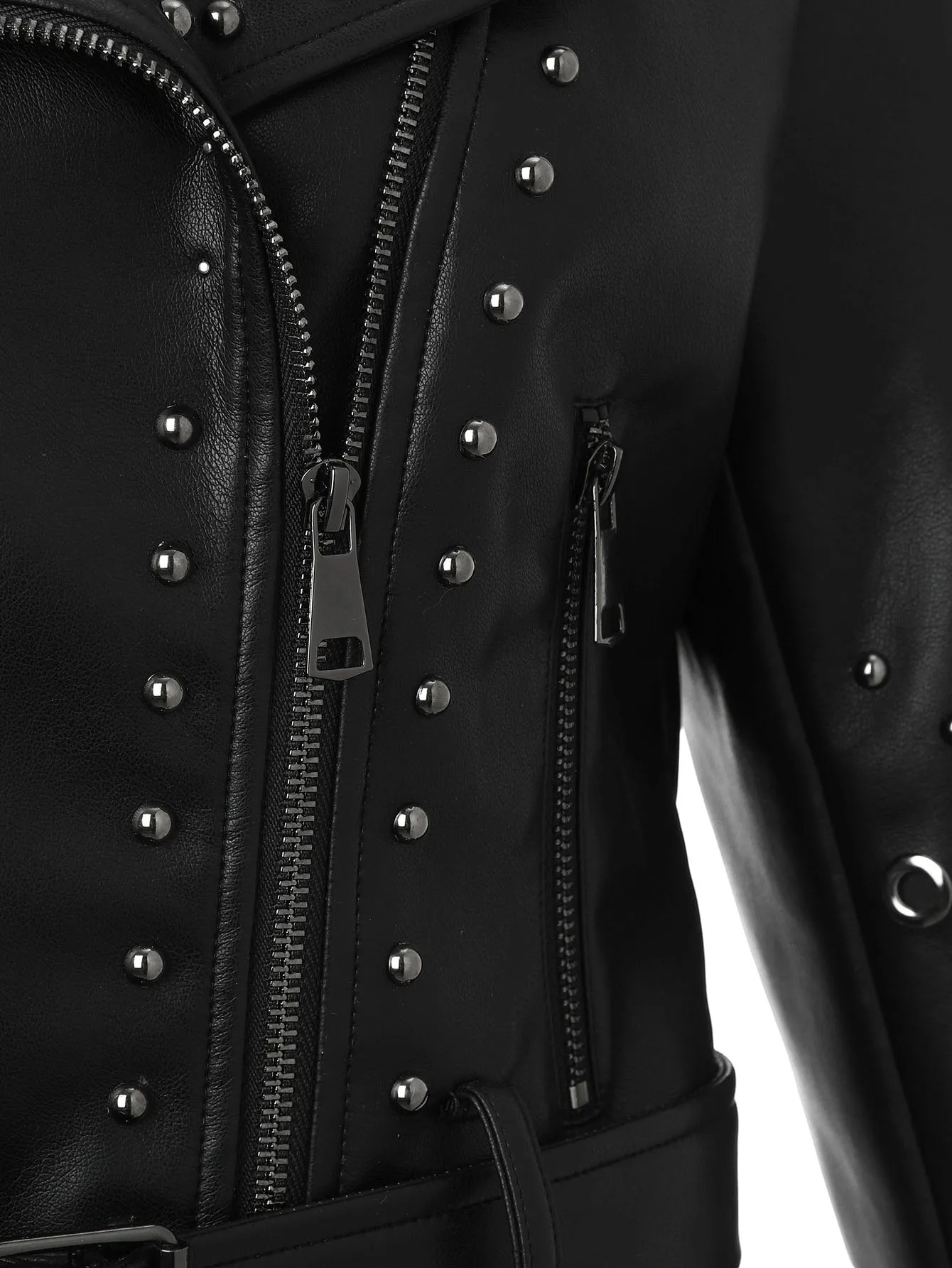 سترة Rock Chic من الجلد النباتي - معطف بياقة واقفة متعدد المرصع، مقاس نحيف وحزام قابل للتعديل على طراز راكبي الدراجات (أونيكس) ⚡