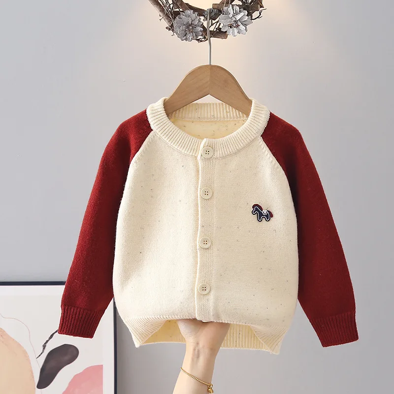 Little Boy Mix Color Classic Raglan Sleeve Knit Cardigan Baby Horse Embroider Long Sleeve Sweater Boys Casual Outer Coat JY09082