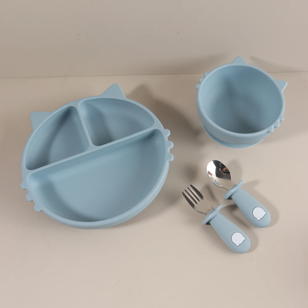 4pcs Cat Shape Silicone Baby Feeding Set Suction Divided Plate Bowl Stainless Steel Fork Spoon Toddler Self Feeding Tableware