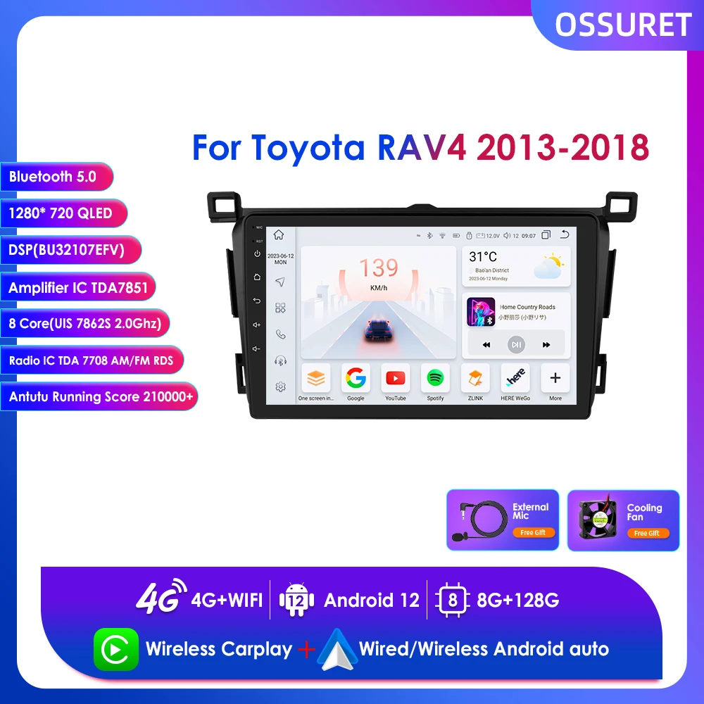 

9" Wireless Carplay Car Multimedia Player for Toyota RAV4 2013 - 2018 Android Auto 4G GPS Navi Stereo Radio SWC BT DSP RDS 2 Din